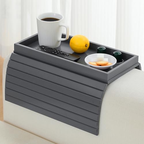 Bamboo Couch Arm Tray Table，Foldable Sofa Armrest Tray Table for Couch，Flexible and Anti-Slip Couch Arm Cup Holder，Portable Sofa Arm Chair Table for Drink,Cups, Eats，Snacks, Phone, Remote (Gray) - color: Gray
