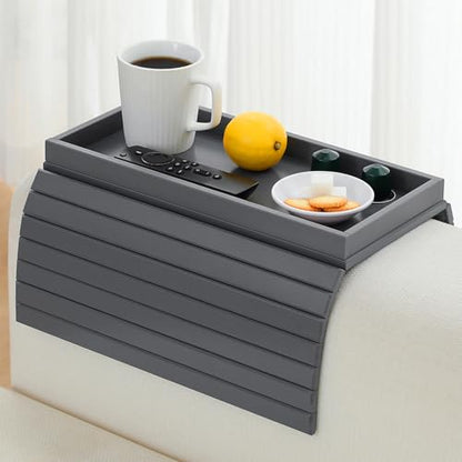 Bamboo Couch Arm Tray Table，Foldable Sofa Armrest Tray Table for Couch，Flexible and Anti-Slip Couch Arm Cup Holder，Portable Sofa Arm Chair Table for Drink,Cups, Eats，Snacks, Phone, Remote (Gray) - color: Gray