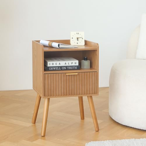 AWASEN Fluted Night Stand Set 2, Mid Century Modern Bedside Table Set of 2 with Storage Drawers, Wood Night Stand Side Table with Solid Wood for Living Room, Bedroom, Office and Small Space (Brown) - color: Brown Set of 2