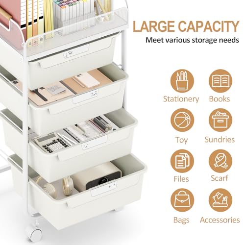 SYKIARIOL 4-Drawer Rolling Storage Cart with Mesh Top, Utility Craft Organizer Cart on Wheels with DIY Labels, Rolling Drawer Cart for Home Office Classroom Bedroom, White - color: White