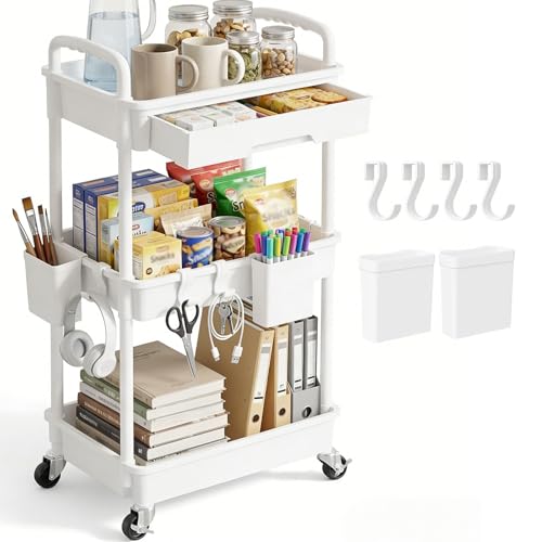 3 Tier Rolling Utility Cart with Drawer, Plastic Storage Organizer Rolling Carts with Wheels Handles Hanging Cups Hooks for Office, Bathroom, Kitchen,Craft Art Room (White) - color: White, size: 3-Tier