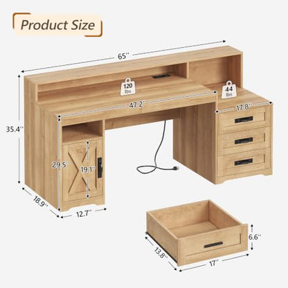 65" Farmhouse Computer Desk with Drawers and Printer Stand for Home Office | Office Desk with Power Outlets and Storage Cabinet, Study Writing Desks with Long Monitor Stand, Oak - color: Oak