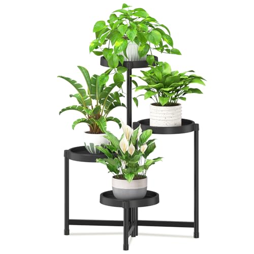 iDavosic.ly 4 Tier Folding Plant Stand Indoor Outdoor with Plastic Tray, Tiered Corner Flower Holder Shelf, Metal Orchid Display Rack for Patio Porch Living Room Garden Balcony, Modern Black - color: Black, size: 4 Tiers