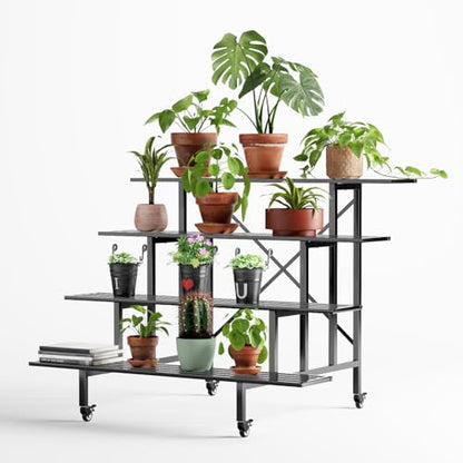 Zhongma 4 Tier Sturdy Metal Plant Stand with Wheels, L45.67 x W34.65 x H35.83 inch, Heavy Duty Plant Holder for Home Indoor and Outdoor, 880 LBS Capacity & Heavy Duty Construction