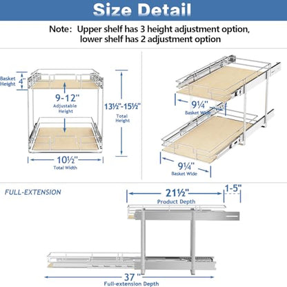 ROOMTEC 2 Tier Individual Pull Out Cabinet Organizer 10½"W x 21½"D, Slide Out Wood Shelves Organizers, Pull Out Drawers Organization and Storage for Kitchen Cabinet - size: 10½" W x 21½" D