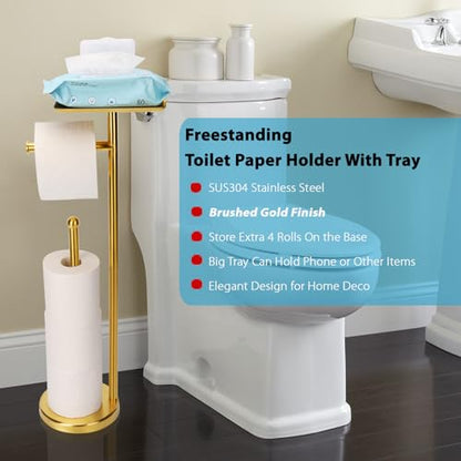 Noonext Gold Toilet Paper Holder Stand, Freestanding Toilet Paper Stand with Tray for Small Items, Toilet Paper Holder with Shelf, Storage Space for 4 Extra Toilet Paper Rolls (Gold) - color: Gold