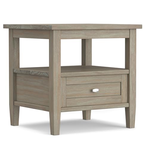 SIMPLIHOME Warm Shaker End Table - 20" Wide x 20" High Solid Wood Side Table in Distressed Grey, Transitional Accent Table for Living Room or Bedroom with Drawer, Open Shelf and Square Tapered Legs - color: Distressed Grey, size: 20 inch, style: End Table