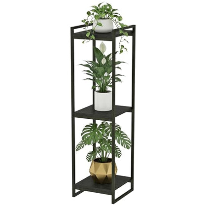 45" Tall Indoor Plant Stand, 3-Tier Flower Pot Rack, Black | Modern Minimalist Look, Wood Finish, for Living Room, Bedroom, Balcony, Space-Saving, Sturdy Metal Frame