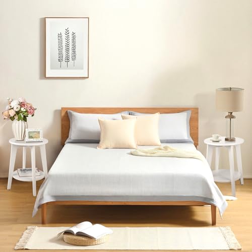 Small End Side Table Wooden Round End Table with Lower Shelf Wood Grain White Nightstand Sofa Tables for Small Spaces, Living Room, Bedroom - color: Wood Grain White