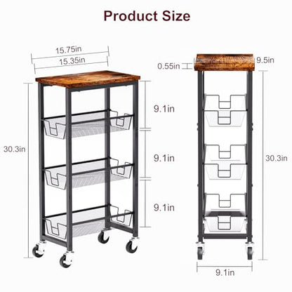 Slim Rolling Cart, 4-Tier Storage Cart, 9.1inch Narrow Kitchen Rolling Cart on Wheels for Small Space, Utility Cart Shelving Unit with Wooden Top and Metal Handle for Kitchen, Bathroom, Laundry Room - size: 4 Tiers (9.1"D x 30.3"H)