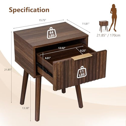 VINGLI Night Stand Set 2, Fluted Nightstands with Drawer, Mid Century Modern Nightstands Set of 2, Bedside Table, End Table, Wood Nightstand for Bedroom, Walnut, 15.75" W*11.81" D*21.85" H - color: Walnut, size: 15.7"W-1 Drawer
