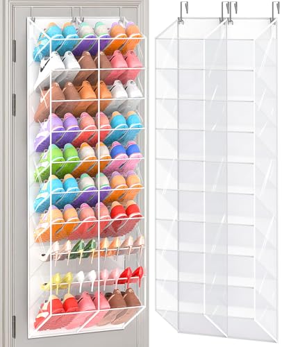 20-30 Pairs Over the Door Shoe Organizer, Transparent PVC Hanging Shoe Rack for Closet, 10-Tier Door Shoes Storage, Crystal-Clear Visibility Fit All the Family's Sneakers, Boots, Heels, White Frame - color: White & Clear