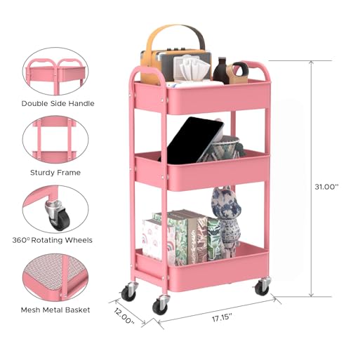 MAX Houser 3-Tier Rolling Utility Cart with Caster Wheels,Easy Assembly, for Kitchen, Bathroom (Pink) - color: Pink, size: 3-Tier Standard Cart