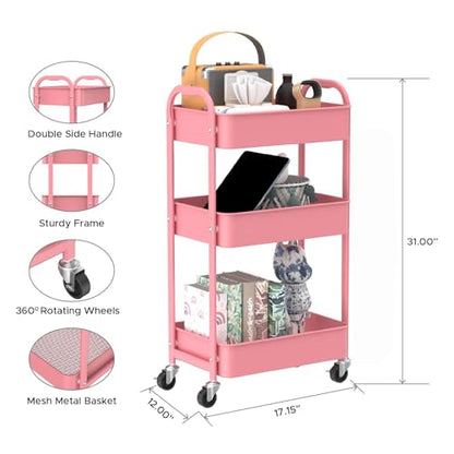 MAX Houser 3-Tier Rolling Utility Cart with Caster Wheels,Easy Assembly, for Kitchen, Bathroom (Pink) - color: Pink, size: 3-Tier Standard Cart