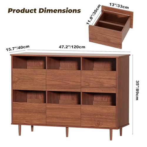 BROTTAR 47.2" Large Record Player Stand, 7“/10"/12" Vinyl Record Storage Cabinet, Mid Century Turntable Stand, Vinyl Record Holder, Media Cabinet with DVD Drawers for Living Room, Music Corner, Brown