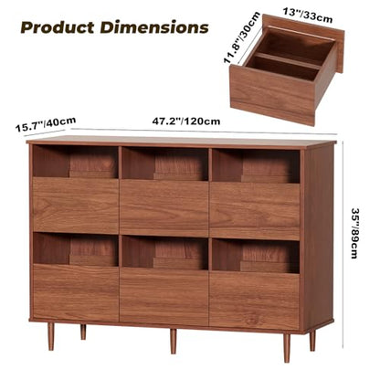 BROTTAR 47.2" Large Record Player Stand, 7“/10"/12" Vinyl Record Storage Cabinet, Mid Century Turntable Stand, Vinyl Record Holder, Media Cabinet with DVD Drawers for Living Room, Music Corner, Brown
