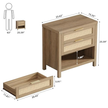 Eclatara Rattan Nightstands Set of 2, Farmhouse Bedside Table with 2 Drawers and Storage Shelf, Rattan Boho Accent Night Stands for Bedroom Large Space Sofa (2, Reclaimed Caramel Oak) - color: Caramel Oak (Large 2 Drawer)