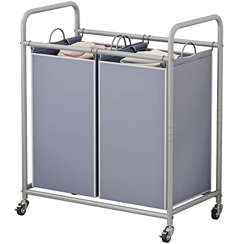 SUOERNUO Laundry Sorter Basket 2 Bag Laundry Hamper Cart with Rolling Lockable Wheels and Removable Bags Laundry Organizer Cart for Clothes Storage, Grey - color: Grey