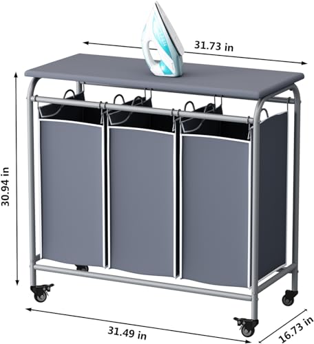 LINZINAR 3-Bag Laundry Hamper with Ironing Board, Grey 135L Laundry Sorter | Laundry Room Organization with Heavy Duty Rolling Lockable Wheels and Removable Bag, Bedroom Laundry Cart for Clothes Storage - size: 3 Bags Grey with Board