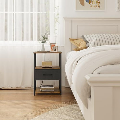 TUTOTAK Nightstand Set of 2, Night Stand with Charging Station, End Table, Bedside Table with Fabric Drawer, Side Table for Livingroom and Bedroom, Brown TB01BB0692 - color: Brown, style: Plug