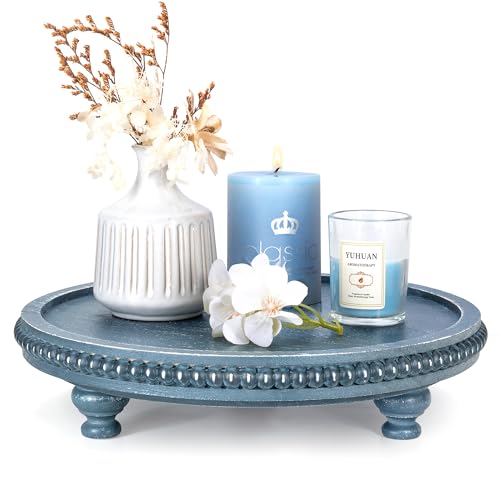 EOSAHR Round Pine Wooden Display Riser - Beaded Wood Riser for Plant Holder & Kitchen Sponge Holder, Perfume Stand Organizer - Rustic Farmhouse Style Kitchen Counter Decor, Boho Home Aesthetic (Blue) - color: Blue