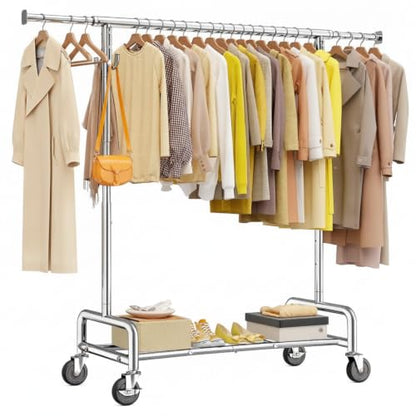 Raybee 75"Wide Clothes Rack with 4 Extra Hooks Sturdy Rolling Clothing Rack | 450LBS Capacity, Stainless Steel, Extendable Hanging Rod, 360° Lockable Wheels, Height Adjustable, 15-Min Tool-free Assembly - color: Chrome, style: Rod Shelf