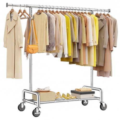 Raybee 75"Wide Clothes Rack with 4 Extra Hooks Sturdy Rolling Clothing Rack | 450LBS Capacity, Stainless Steel, Extendable Hanging Rod, 360° Lockable Wheels, Height Adjustable, 15-Min Tool-free Assembly - color: Chrome, style: Rod Shelf