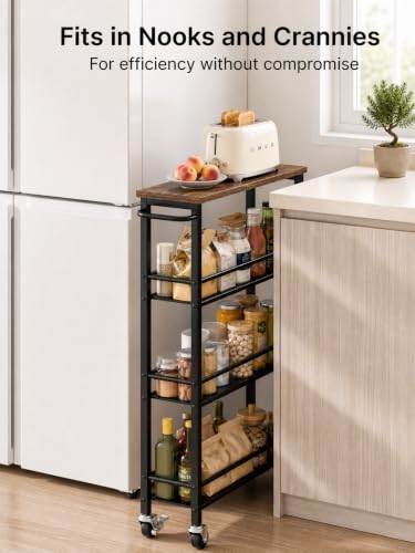 Pipishell Slim Storage Cart with Wheels - 4 Tier Rolling Kitchen Storage Cart with Handle and Wood Top, Metal Slim Bathroom Cart for Laundry Room, Bathroom, Kitchen, Narrow Space, Black & Rustic Brown - size: 5.3 in