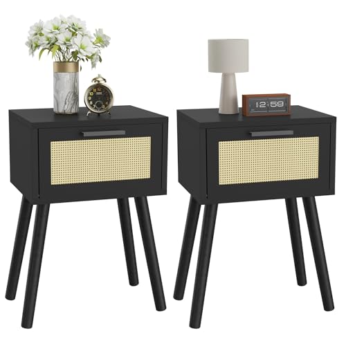 YMYNY Nightstand Set of 2, End Table, Small Bedside Table, Handmade Rattan Decorated Drawer, Solid Wood Legs, Modern Side Table for Bedroom and Small Spaces, Black UHST010B-2 - color: Black