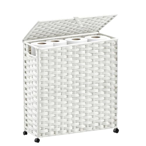 Hiagnete Toilet Paper Storage Basket with Lid and Wheels, Rattan Toilet Paper Holder Storage, Toilet Paper Organizer for Bathroom, Bedroom, Kitchen, 19.7”L x 7.9”W x 24.62”H, White - color: White, size: 19.7”L x 7.9”W x 24.62”H