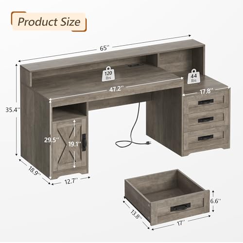 TVU Farmhouse Computer Desk with Drawers, 65'' Home Office Desk with Power Outlets, Storage Cabinet and Printer Stand, Study Writing Desks with Long Monitor Stand, Grey - color: Grey