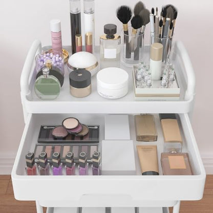 Calmootey 3-Tier Rolling Utility Cart with Drawer,Multifunctional Storage Organizer with Plastic Shelf & Metal Wheels,Storage Cart for Kitchen,Bathroom,Living Room,Office,White | Space-Saving Organizer, Sturdy Plastic Shelves, Smooth-Rolling Metal Wheels,