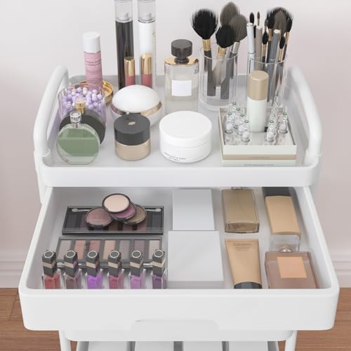 Calmootey 5-Tier Rolling Utility Cart with Drawer,Multifunctional Storage Organizer with Plastic Shelf & Metal Wheels,Storage Cart for Kitchen,Bathroom,Living Room,Office,White | Space-Saving Organizer, Sturdy Plastic Shelves, Smooth-Rolling Metal Wheels,