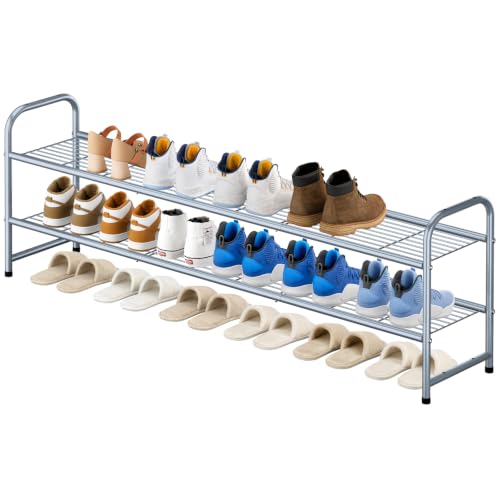 KEETDY 2-Tier Long Shoe Rack for Closet Shoe Organizer for Entryway, Metal Stackable Shoe Storage Shelf for 18 Pairs Sneakers with Strong Wire Grid, Gray - color: Grey, size: 11.4x43x18.8