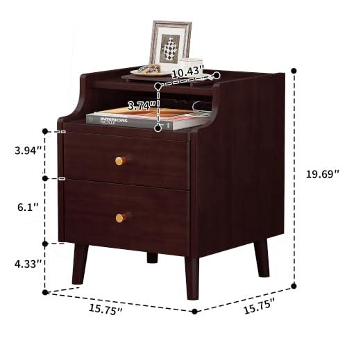 15.7" Solid Wood Nightstand with Drawers & Tray,Black Walnut | Perfect for small spaces, this slim bedside table features a pull-out tray, cable routing, and minimal easy assembly - color: Black Walnut, size: 16"