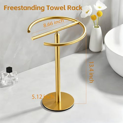 Stainless Steel Brushed Gold Hand Towel Stand, 13 Inch | Freestanding Countertop, For Bathroom Vanity Kitchen, Holds 2 Towels, Rust-Resistant, Easy Install - color: Brushed Gold