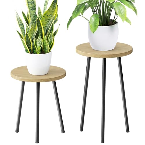 Plant Stand Indoor Tall: Corner Wood Plant Stand 2 Pack Mid Century Modern Decor - Small Round Plant Table for Indoor Plants - Outdoor Plant Holder for Patio Living Room Office (Burlywood) - color: Burlywood, size: 14"&20"