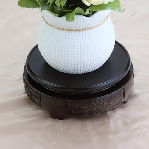 Wooden Display Stand Base Round Wood Carved Craft Pedestal, 4" x 4" | Traditional Wooden Base, Oriental Antique Display Riser, Pedestal Stands for Vase, Crystal Ball, Teapot, Stone, Flower Pot - size: Round, 4" x 4"