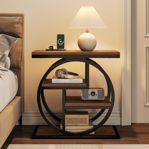 Tribesigns End Table for Living Room, 4-Tier Narrow Side Table with Storage Shelves, Industrial Bedside Table for Bedroom, Wood Small Sofa Side Table with Geometric Metal Frame (1 PC, Natural Brown) - color: Natural Brown