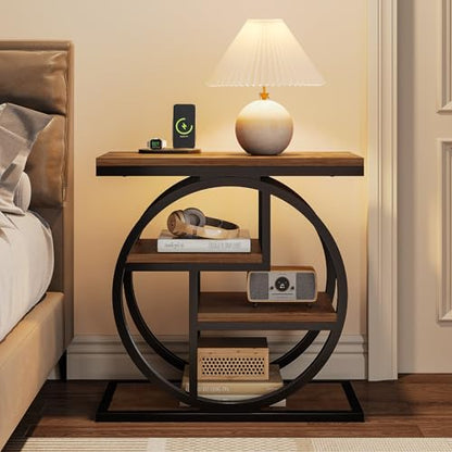 Tribesigns End Table for Living Room, 4-Tier Narrow Side Table with Storage Shelves, Industrial Bedside Table for Bedroom, Wood Small Sofa Side Table with Geometric Metal Frame (1 PC, Natural Brown) - color: Natural Brown