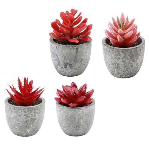 ABAJI Mini 4 Succulents Plants Artificial in Pots Fake Plants for Bedroom Aesthetic Living Room Shelf Bathroom Decor Office Desk Accessories - color: Red