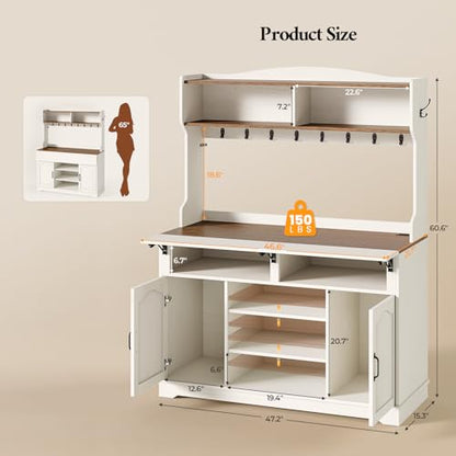 47.2 inch Bakers Rack with Storage and Drop Leaf, Farmhouse Coffee Bar Cabinet with Power Outlet, Large Microwave Stand with Storage Cabinet, 10 Hooks and Curved Design for Kitchen, Walnut, White - size: 47.2 in Drop Leaf Countertop