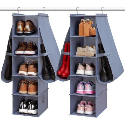 Hanging Shoe Organizer for Closet Footwear Boots Storage Shelf | Hang Closet Organization Storing Shelves Rack Display Shoes Boots Clothes 10-Shelf 4 Pockets Space Saver Oxford Cloth 2 Pack