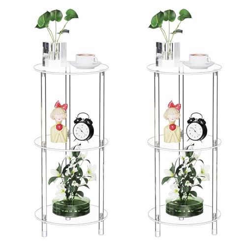 Clear Round Acrylic Side Table Set of 2 for Small Spaces, 11.81" L x 11.81" W x 26.7" H, 3 Tier Small Modern Drink End Table Nightstand, Minimalist Bedside Table for Living Room, Bedroom - size: 3 Tier 2-Pack (26.7"H)