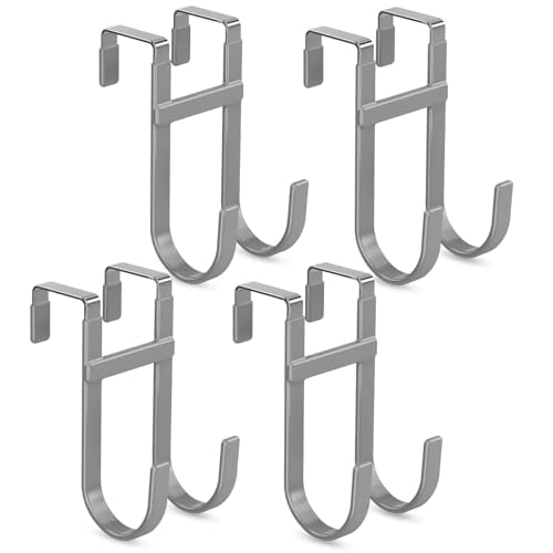 FYY Over the Door Hooks, Double-Hanger 4 Pack, Fits Doors 1 3/8" Grey | Heavy Duty Metal, Hold 100lbs, Rubber-Coated, No-Drilling, for Bathroom Dorm, Hanging Clothes Towels Bags Ironing Board Robe - color: Gray, size: 5.12" Long, Fit Interior Doors Up to