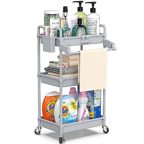 SPACEKEEPER Rolling Storage Cart, 3 Tier Utility Cart Laundry Room Organization Mobile Shelving Unit Bathroom Organizer with Towel Rack, Lockable Wheel, Hooks & Cup for Kitchen Office, Grey - color: Grey, size: 3-Tier