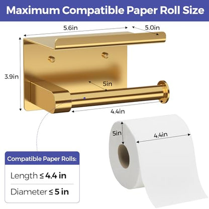 Bntuk Toilet Paper Holder with Phone Shelf Stainless Steel Wall Mounted Toilet Paper Roll Holder - Rustproof and Bathroom Washroom Tissue Roll Holder with Shelf - Gold - color: Gold