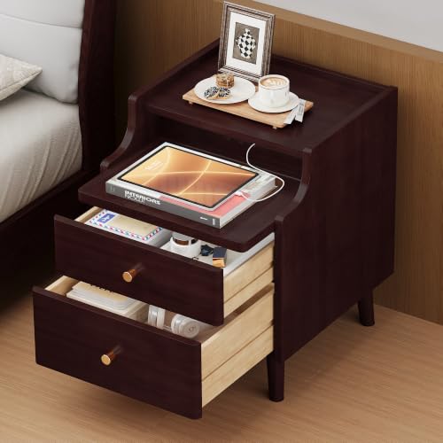 15.7" Solid Wood Nightstand with Drawers & Tray,Black Walnut | Perfect for small spaces, this slim bedside table features a pull-out tray, cable routing, and minimal easy assembly - color: Black Walnut, size: 16"