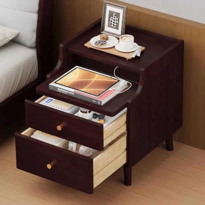 15.7" Solid Wood Nightstand with Drawers & Tray,Black Walnut | Perfect for small spaces, this slim bedside table features a pull-out tray, cable routing, and minimal easy assembly - color: Black Walnut, size: 16"