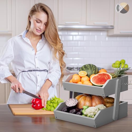 Hellojin Gray Bamboo 2 Tier Fruit Basket with Banana Hangers | Wooden Tiered Organizer, Protective Mats, Large Capacity, Versatile Holder for Bread, Snacks, Veggies, Onion and Potato - color: Grey-2 tier